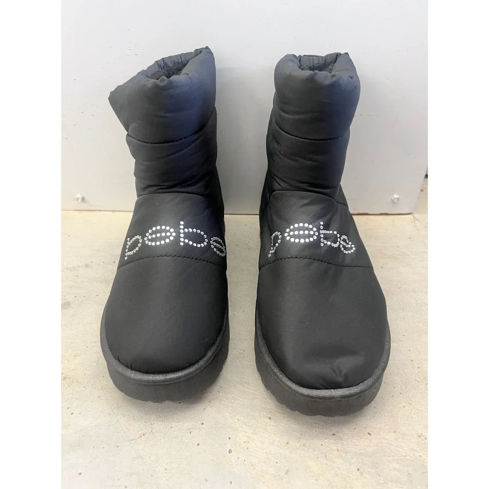 Bebe Winter Boots Girls US 1 Black Rhinestone Logo Fur Lined Platform Casual